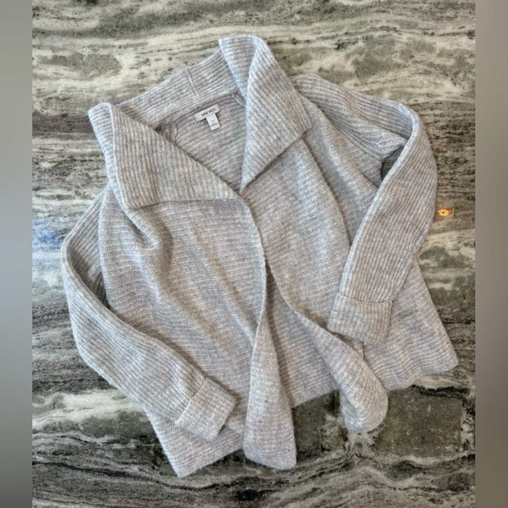 Nine West Light Gray Ribbed Open Cardigan Sweater